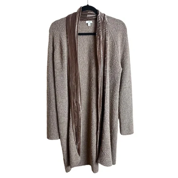 J. Jill Velvet Trim Merino Wool Silk Blend Brown Cardigan Duster Size Medium - Picture 1 of 16